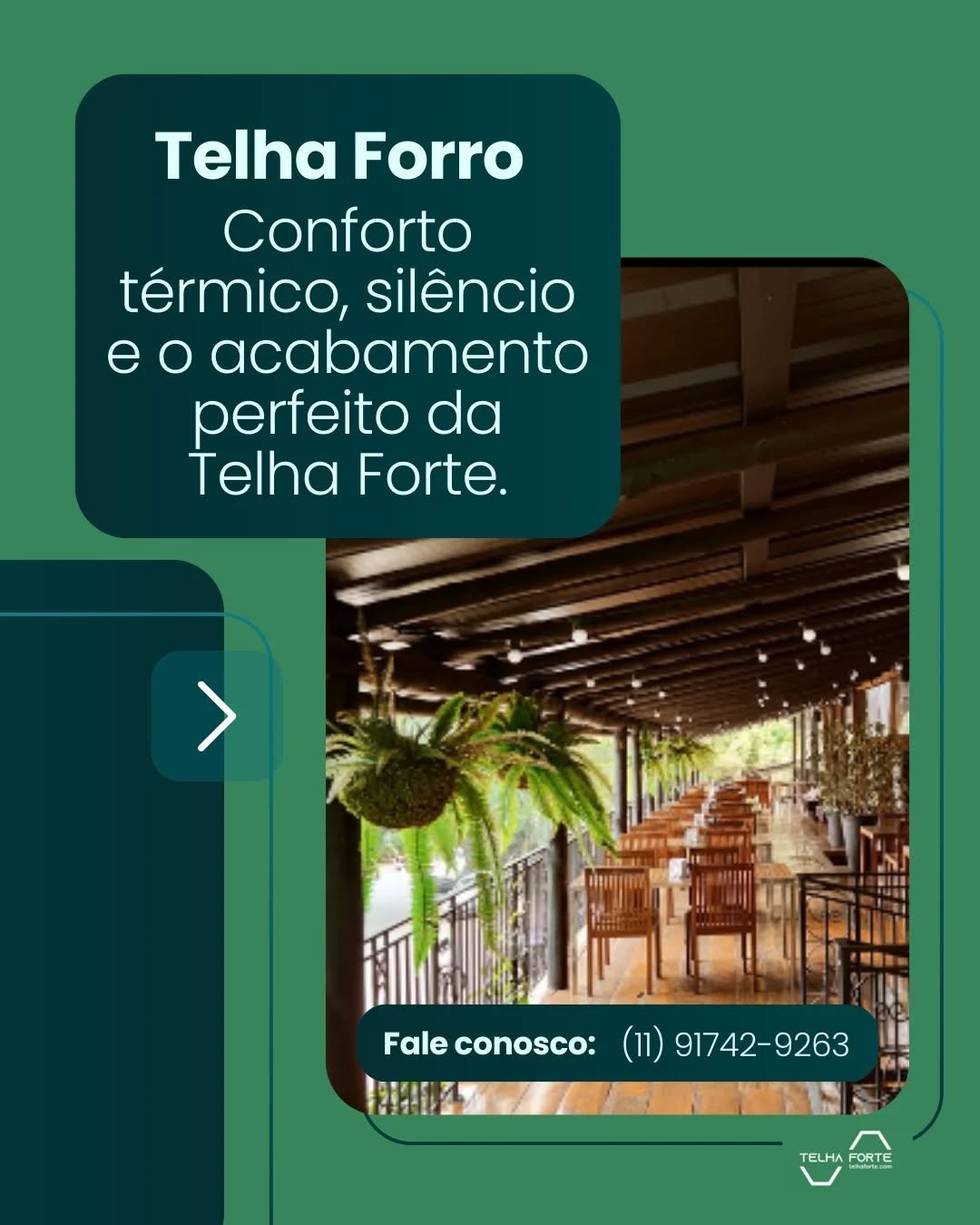 Quando o projeto pede conforto, sofisticação e identidade, a escolha do material faz toda a diferença.

Nossa Telha Forro Metálica combina desempenho técnico com acabamento refinado, integrando perfeitamente metal e madeira de demolição em ambientes que precisam ser funcionais — sem abrir mão da estética.

Ela mantém tudo o que você já conhece:
• estrutura trapezoidal superior
• isolamento eficiente
• resistência e durabilidade
• baixa manutenção

O resultado? Um teto que valoriza o espaço, melhora o conforto térmico e acústico e eleva o nível do ambiente — ideal para restaurantes, áreas gourmet, projetos comerciais e residenciais de alto padrão.

Grupo Telha Forte — a força do aço no seu projeto.

Mais estilo. Mais personalidade. Mais possibilidades para sua obra.

📲 Faça seu pedido: (11) 91742-9263
📍 Rua Sebastião Esteves Germano, 49 – Jd. Nova Itapevi | Itapevi