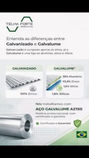 🔎 Você sabe a diferença entre chapa galvanizada e galvalume?

A diferença está na composição — e isso impacta diretamente na durabilidade e resistência da sua cobertura.

✔ Galvanizada: revestimento composto apenas por zinco.
✔ Galvalume: liga especial com 55% alumínio, 43,4% zinco e 1,6% silício, oferecendo maior proteção contra corrosão e melhor desempenho ao longo do tempo.

Aqui na Telha Forte, trabalhamos com AÇO GALVALUME AZ150, matéria-prima nacional, com certificado e garantia — mais resistência, mais qualidade e mais segurança para sua obra.

📌 Escolha o material certo e garanta um resultado superior do início ao fim.

📲 Chama no Whats: (11) 92742 9263

#TelhaForte #Galvalume #AçoAZ150 #ConstruçãoCivil #QualidadeQueProtege