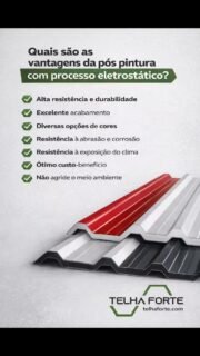 A pós-pintura eletrostática é um processo que garante mais qualidade, proteção e durabilidade para as telhas metálicas.

Esse tipo de acabamento cria uma camada uniforme de pintura, que adere melhor ao material e aumenta a resistência do produto no dia a dia.

Entre as principais vantagens estão:

✔ Alta resistência e durabilidade
✔ Acabamento uniforme e de alta qualidade
✔ Resistência à abrasão e corrosão
✔ Maior proteção contra exposição ao sol, chuva e variações do clima
✔ Mais beleza e diversas opções de cores
✔ Excelente custo-benefício
✔ Processo mais sustentável, que não agride o meio ambiente

É tecnologia aplicada para garantir telhas mais resistentes, bonitas e duráveis para sua obra.

📲 Traga seu projeto para a Telha Forte

📍 Rua Sebastião Esteves Germano, 49 – Nova Itapevi – SP
📲 Fale com a gente: (11) 91742-9263